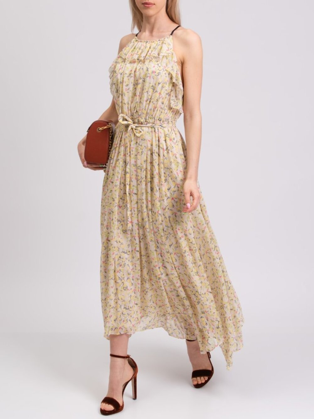 NWT $1.2K JASON WU Chiffon Maxi Dress - 8 Flared Belted Yellow Floral High Neck